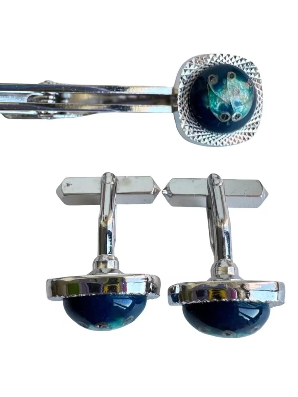 Vintage Japanese Cloisonne Cufflinks Tie Clip Set Blue Green Enamel Formal Groom